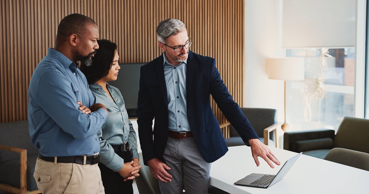 Business consultants collaborating with client
